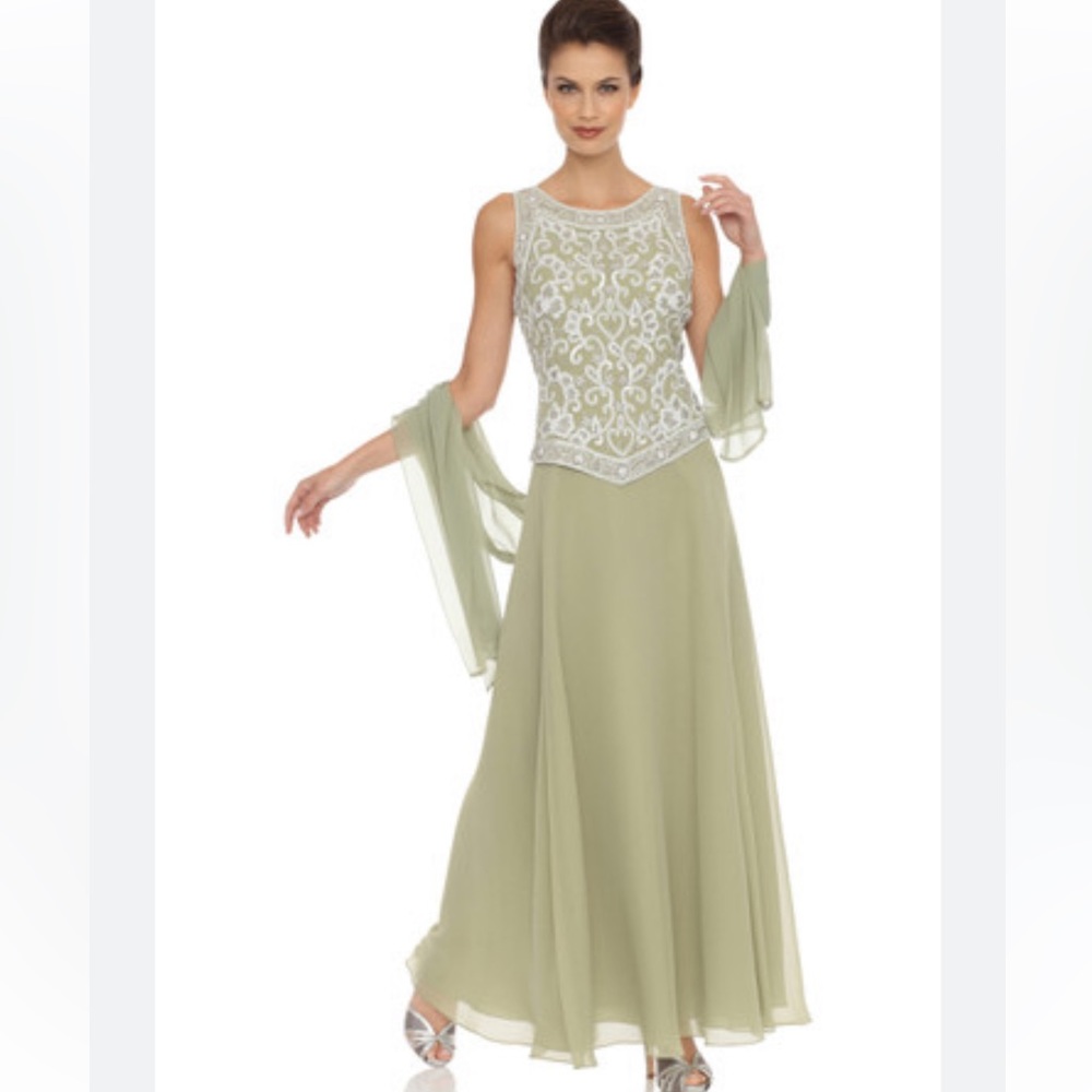 J Kara Women’s Beaded Bodice Sleeveless Chiffon Gown w/ Long Shawl/Scarf Size 10